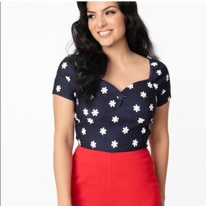 Unique Vintage Navy and White Floral Top